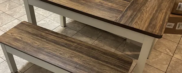 Dining table and bench built in a kitchen